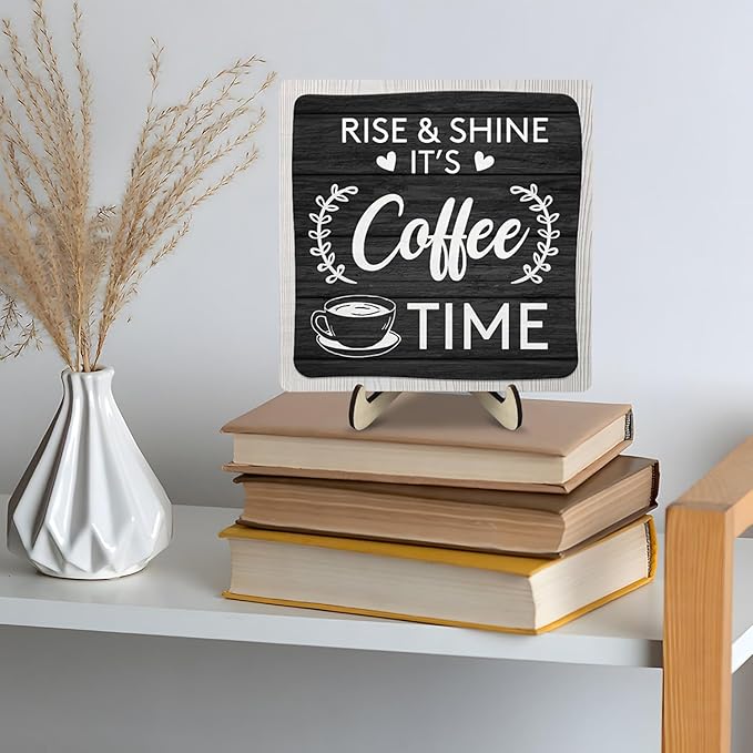 Coffee Bar Sign Plaque Decor,Coffee Bar Accessories,Rustic Wooden Tabletop Plaque with Stand, Minimalist Farmhouse Kitchen Counter Sign,Cute Mini Café Bar Decor Gift