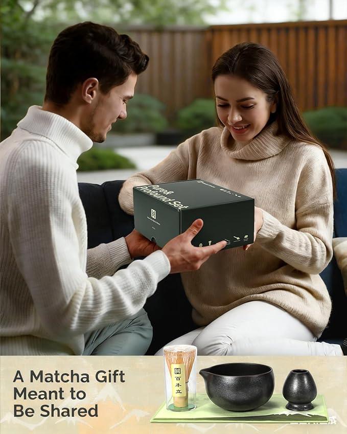 Maestri House Matcha Whisk Set, 7-Pc Complete Matcha Kit with Spouted Ceramic Bowl, Bamboo Whisk and Holder, Scoop, Spoon Rest & Sifter, Tea Cloth – Ideal Gift for Matcha Lovers (Black Stone)