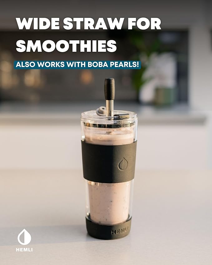 19 oz. Clear Double Wall Glass Coffee Tumbler, To Go Glass Travel Mug with Lid and Straw, Reusable Cup Tea, Smoothies, Ice Coffee, and Boba