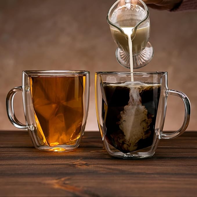 Double Walled Glass Coffee Mugs - Set of 2-12 oz Insulated Coffee Mugs - Geometric Modern Novelty Design Clear Glass Coffee Mugs ideal for Latte & Cappuccino