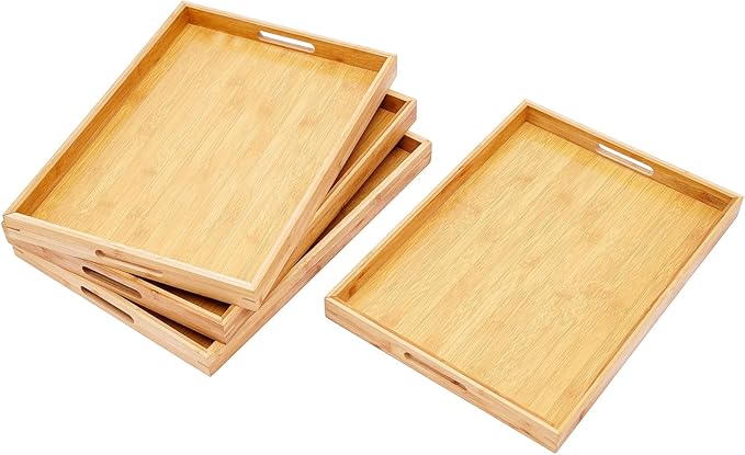 4 Pack Bamboo Serving Tray with Handles Kitchen Large Food Bamboo Tray Couch Tray Tea Decorative Serving Pallet for Dinner, Breakfast, Table Snack, 18.1×13×1.4In