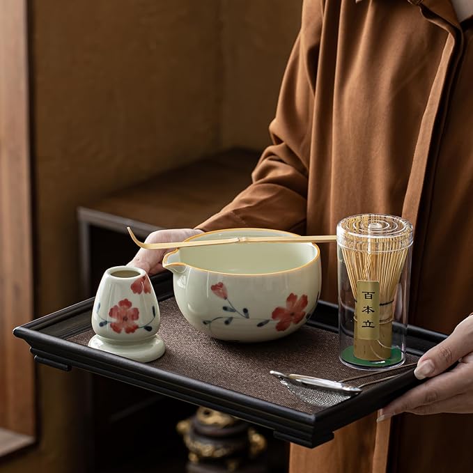 Matcha Set, Matcha Whisk Set Includes Hand-Drawn Matcha Bowl with Spout, Bamboo Whisk, Matcha Whisk Holder, Bamboo Scoop, Sifter - 5pcs Perfect Matcha Kit for Matcha Tea Ceremony