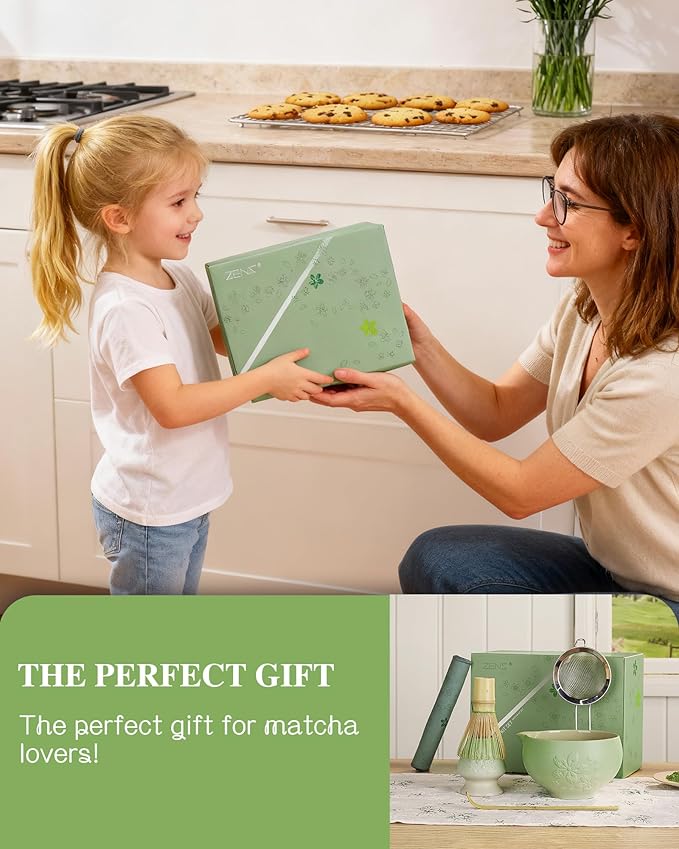 ZENS Matcha Whisk Set, Matcha Kit Set, Matcha Bowl with Spout, Bamboo Whisk & Scoop, Chasen Holder, 304 Sifter & Tea Mat, 6pcs Japaness Matcha Kit for Matcha Lovers, Birthday Gift, Pale Green