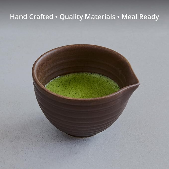 Goodies Brown Matcha Bowl, Handmade Ceramic, Glazed, Dishwasher Safe, Microwave Safe, Spill-Free Spout for Easy Mix and Pour, Perfect for Whisked Matcha and Tea, 10 oz