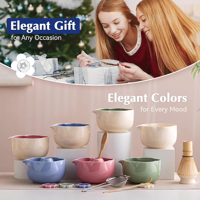 Matcha Set, 8Pcs Floral Ceramic Matcha Kit with Matcha Whisk, Holder, Scoop, Scoop Rest, Sifter, Spoon and Tea Towel - Thoughtful Matcha Whisk Set Gift for Matcha Lovers (Beige & Blue)