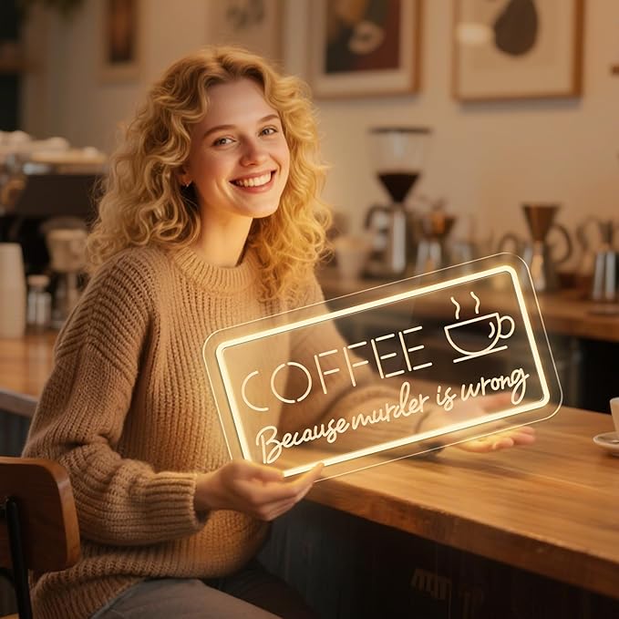COFFEE Because Murder Is Wrong Neon Sign - Funny Cafe Dimmable Art LED Light Decor Fits Warm Tones For Kitchen,Bar,Coffee Shop,Restaurant,Parties, Wall and Window Display (USB Powered and 3D Engraved)