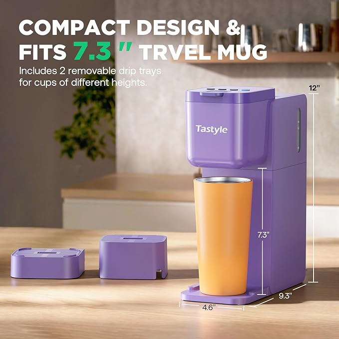 Single Serve Coffee Maker Hot and Iced with Bold Brew, Small Coffee Machine for K Cup and Ground, Fits 7.3'' Travel Mug, Brews up to 16 Oz, 5 Cup Sizes, Compact for Office, RV& Hotel, Lavender