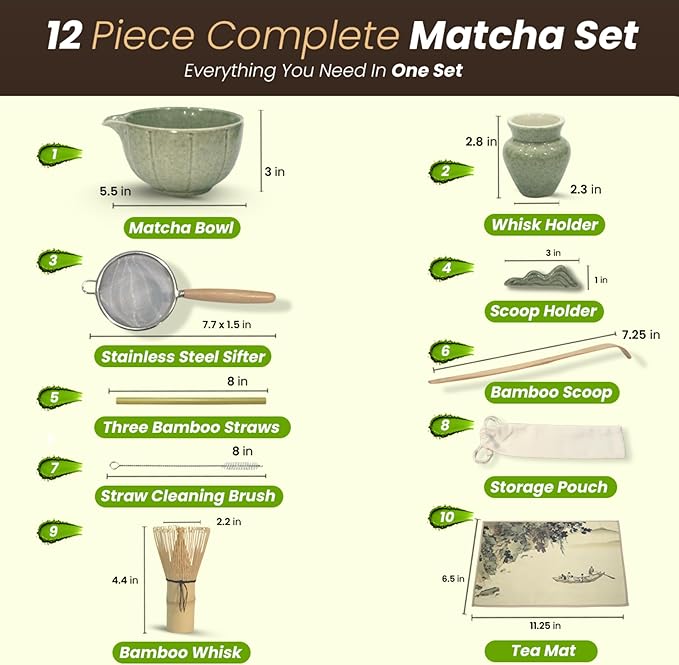 12-Piece Matcha Whisk Set - Complete Matcha Kit Including Matcha Bowl with Spout, Bamboo Whisk, Bamboo Straws, Scoop with Holder, Sifter with Wooden Handle & More - Premium Matcha Gift Set