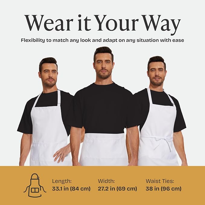 Will Well Kitchen 2 Pack Bib Apron For Men & Women with 2 Pockets - White | Unisex 33'' x 27'' Oil & Water Resistant Soft Kitchen Chef Apron with Adjustable Neck Strap & 38'' Waist Ties for Snug Fit - Image 7