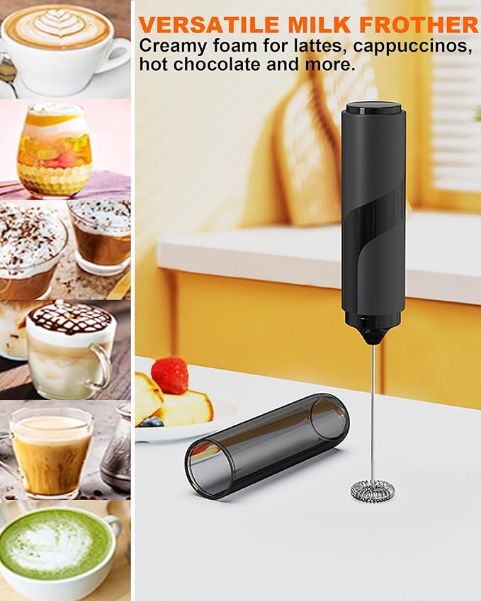 Handheld Milk Frother with Cover, Battery Powered Portable Drink Mixer (2AA Not Included) - Electric Frother Wand for Coffee, Latte, Matcha, Cappuccino & Hot Chocolate
