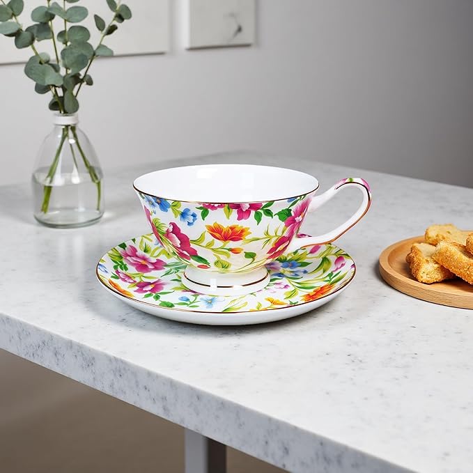 Tea cup and Saucer Set Royal Garden Style Tea Coffee Cup with Saucer 7 Ounces Bone China Teacup and saucer Set(White)