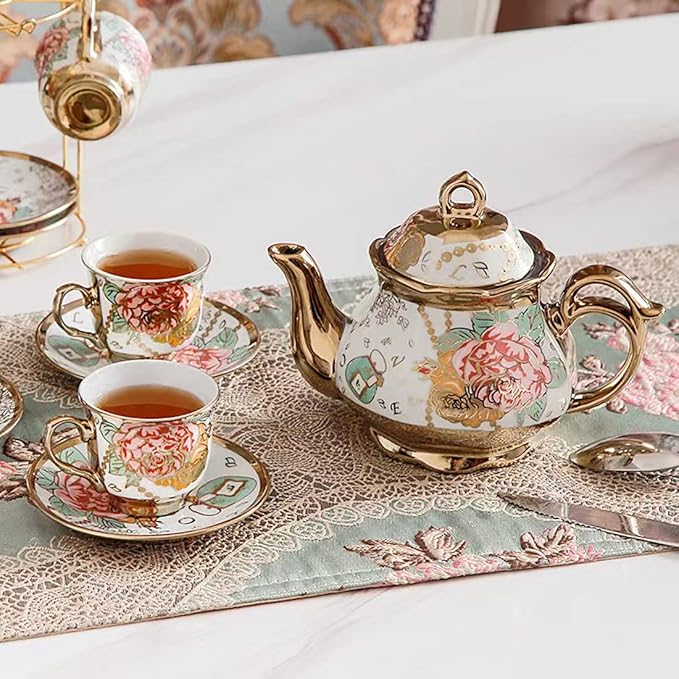 CHANJOON Gold Plated Red Rose Ceramic Tea Set, Vintage Teapot, Beautiful Tea Set Coffee Serving 6 People (Golden, large)