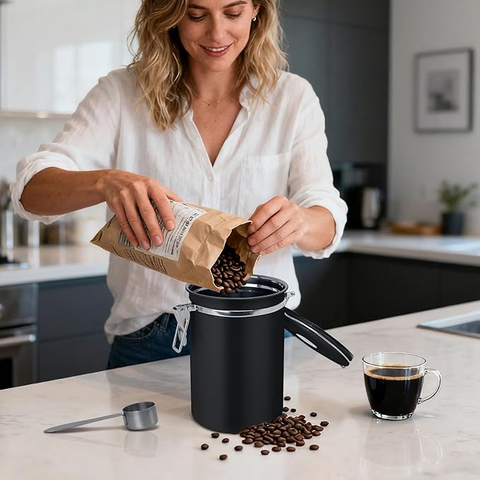 1.8L Airtight Vacuum Coffee Canister, Stainless Steel Storage Container for Coffee Beans and Grounds with Scoop.Suitable for coffee powder, coffee beans, rice, tea leaves, sugar, flour, and grains