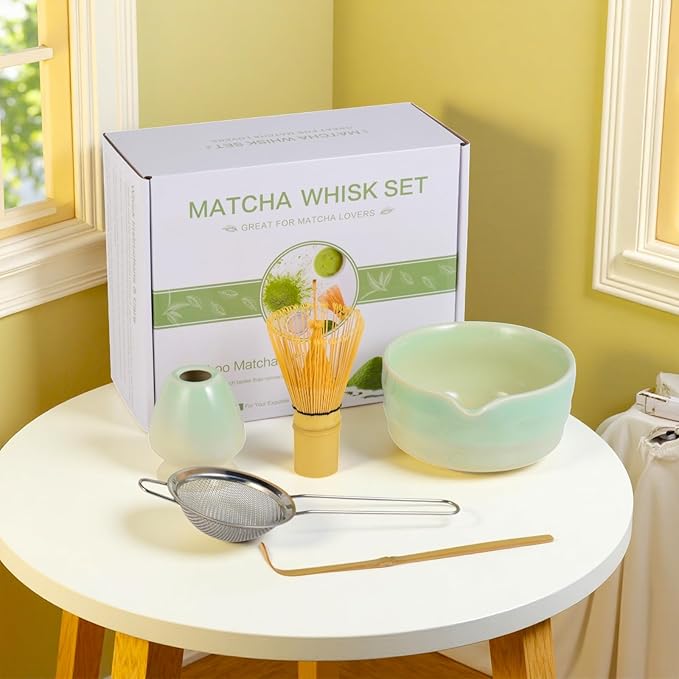 Matcha Whisk Set, Japanese Tea Set Includes Matcha Bowl with Spout, Bamboo Whisk, Ceramic Chasen Holder, Scoop, Sifter, 5 pcs Traditional Tea Making Kit for Matcha Lovers Christmas Gifts for Women Men