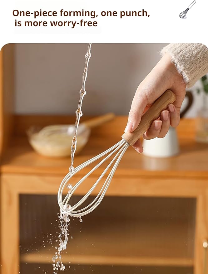 10.5" Stainless Whisk with Wood Handle - Head with Wood Handle - Whisk for Pancake Batter, Eggs and Egg, Cake Mix, Blending, Gravy and Sauces (Whisks)