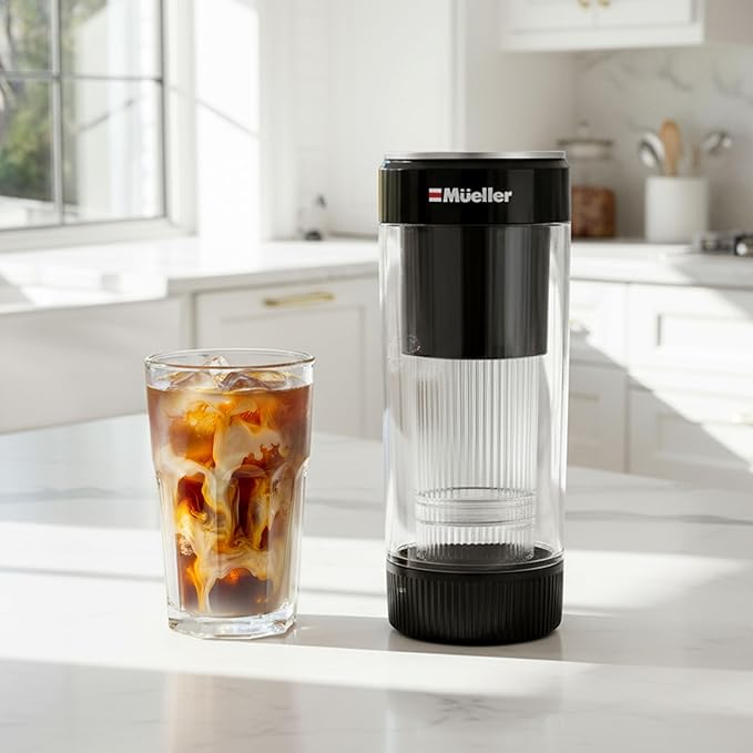 Mueller RapidBrew Cold Brew Iced Coffee Maker β 10 Min Fast Brew Portable Rechargeable Cold Brew Machine for Coffee & Tea β Adjustable Strength 10-99 Min β 20 Servings Per Charge, Black Coffee