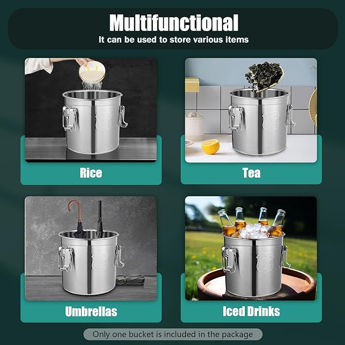 304 Stainless Steel Airtight Canister, Kitchen Metal Food Storage Canisters w/Airtight Lid & Locking Clamp, Cereal Container for Rice Flour Milk Coffee Bean, Silver (12L)