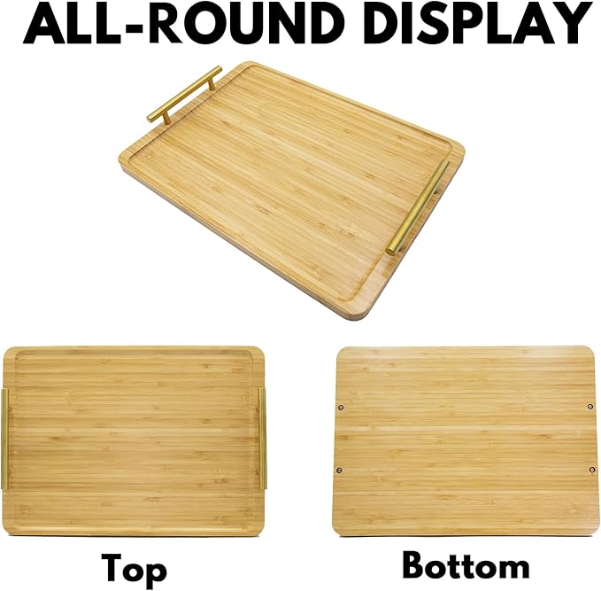 2 Pack Bamboo Serving Tray with Metal Handles, 15.8×11.4“ Solid Wooden Tray for Food, Rectangular Decorative Tray for Ottoman, Coffee Table, Living Room, Bathroom, Party