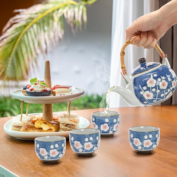 Japanese Tea Set, Ceramic Floral Tea Pot and 4 Pieces Cups with Infuser Bamboo Handle, Traditional Bone China Teapot Kit Gift for Coffee, Water, Home, Office