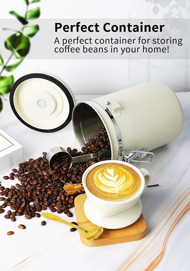 INFTYLE Coffee Canister with Airtight Lid, 22oz, 60 fl oz Cream, Stainless Steel Air Tight Lid Container with Date Tracker and Scoop Food Storage Jar for Grounds Coffee, Beans, Flour, Cereal