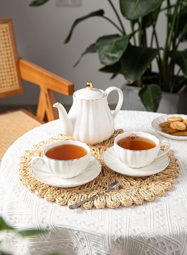 Amazingware Royal Tea Cups and Saucers, with Gold Trim and Gift Box, British Coffee Cups, Tea Cup Set, Porcelain Tea Set, Cappuccino Cups, Latte Cups, Set of 6 (8 oz)- White