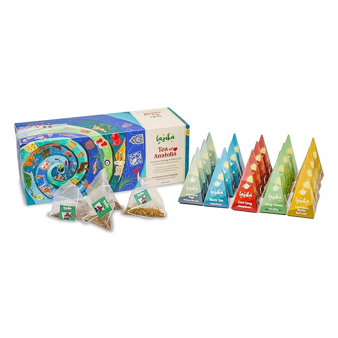 Lazika Tea Sampler with Lovely Presentation Box, 20 Counts, 4 of Each Blend Individually Wrapped, Black, Green and Herbal Tea Variety Gift Set, Premium Collection with Pyramid Infuser Bag, Handcrafted