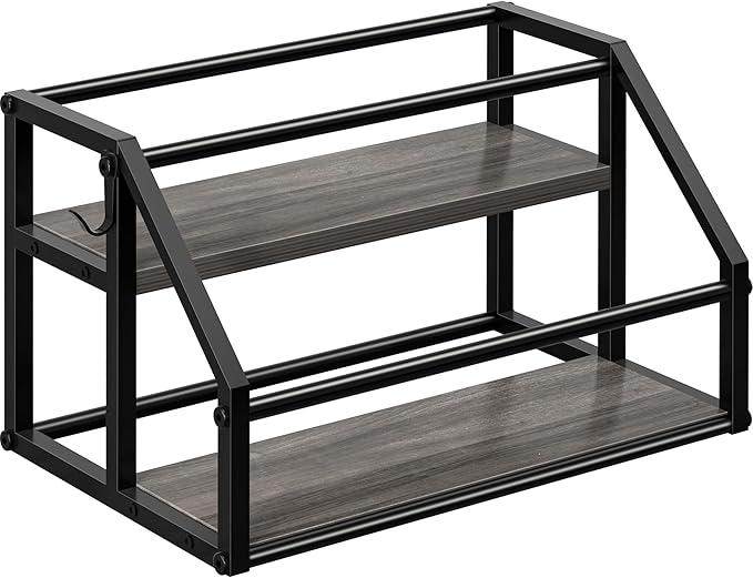 Coffee Syrup Rack Organizer, Syrup Bottle Holder Stand for Coffee Bar, 2-Tier 8 Bottles Storage Shelves for Syrup, Wine, Dressing for Kitchen Countertop, Grey
