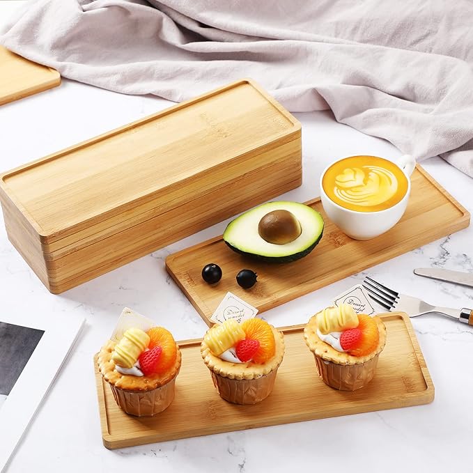 Bokon 10 Pcs Rectangle Wood Bamboo Tray Bamboo Serving Tray Wooden Serving Platter for Bathroom Counter Platter for Food Dinner Kitchen(Rounded Edges)