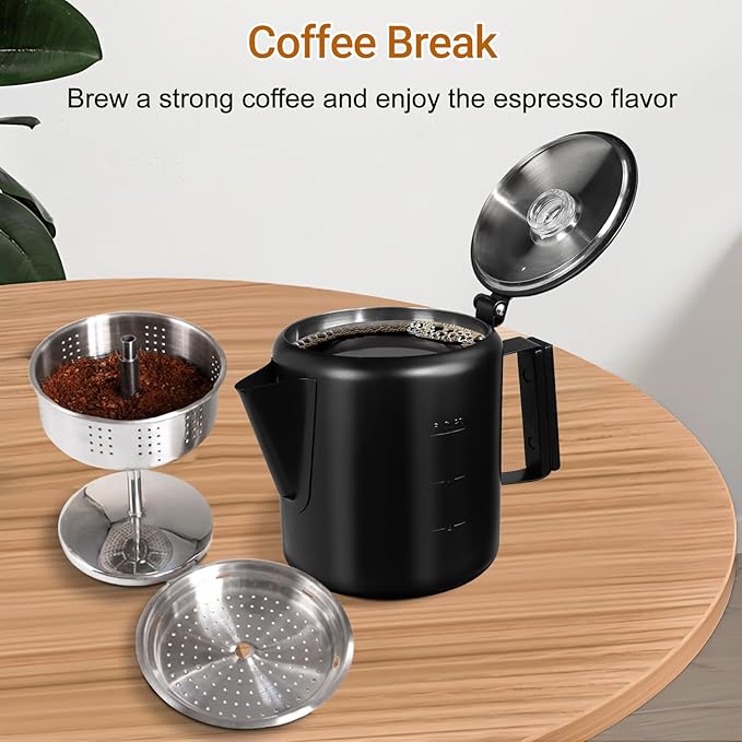 No Coating 6 Cup Percolator Coffee Pot 304 Stainless Steel Moka Pot Stovetop Espresso Maker Italian Greca Cuban Machine 1000ml 33.8oz Suitable for Gas Induction Stovetop Camping Kettle
