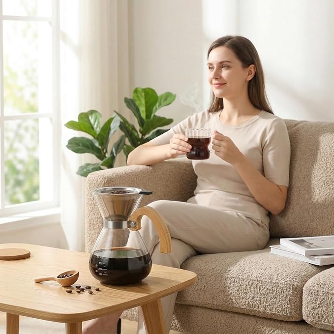Pour Over Coffee Maker Set, with Double-Layer Stainless Filter and Wooden Handle, 20 oz 600ml Thickened Borosilicate Glass Pour Over Coffee Dripper for Home Café