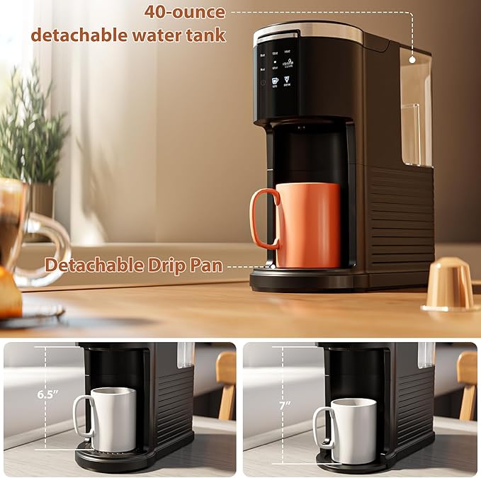 WAA Single Serve Coffee Maker, Fast Coffee Brewer for Capsule and Ground Coffee, Small Coffee Machine with 6 to 14 oz Brew Sizes and 40 oz Removable Water Tank for Home, Office, Travel and RV, Black