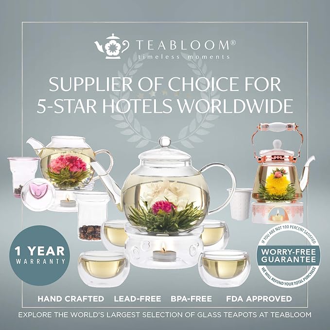 Teabloom Elegant Glass Tea Infuser – Patent-Pending, Lead-Free & Non-Toxic, Designed for Whole Loose-Leaf White, Green, Oolong, Black & Herbal Teas – Small or Large
