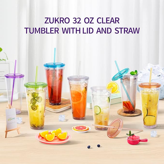 Zukro Clear Acrylic Tumbler with Straw and Lid 32 oz, Double Walled Insulated Reusable Plastic Iced Coffee Cup, To Go Cup Perfect for Parties, Birthdays, Fit in Cupholder, BPA Free, 2 Pack