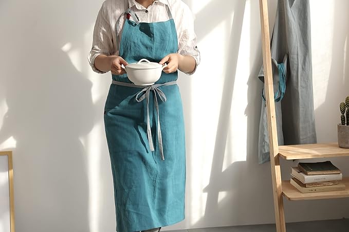 HANEE Kitchen Apron for Women & Men (9 Colors) Linen Cooking Aprons with pocket