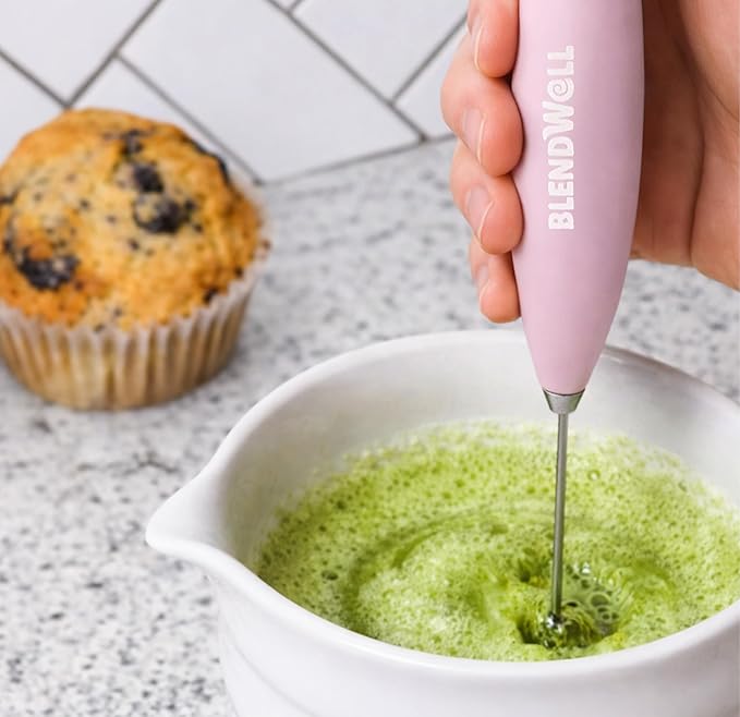 BlendWell Electric Milk Frother for Matcha and Coffee, Handheld Battery Operated Drink Mixer with Stand, Stainless Steel Whisk, Rose Pink