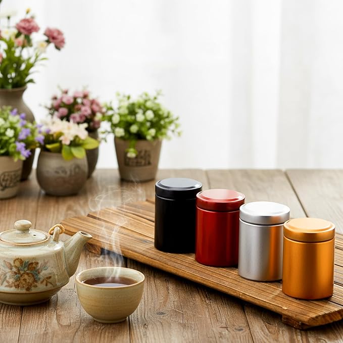 48 Pcs Mini Tea Tin Canister 1.8 × 2.6" with Round Airtight Double Lid Small Kitchen Tea Canister Container for Travel Business Leaf Coffee Candy Spices Herbs (Dark Red,Black,Silver,Gold)