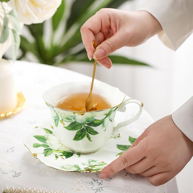 TATSUMI Country Roses Bone China Tea Cup and Saucer Set, 6 Pieces, Vintage Style, For Women and Tea Parties(Green,2 sets)