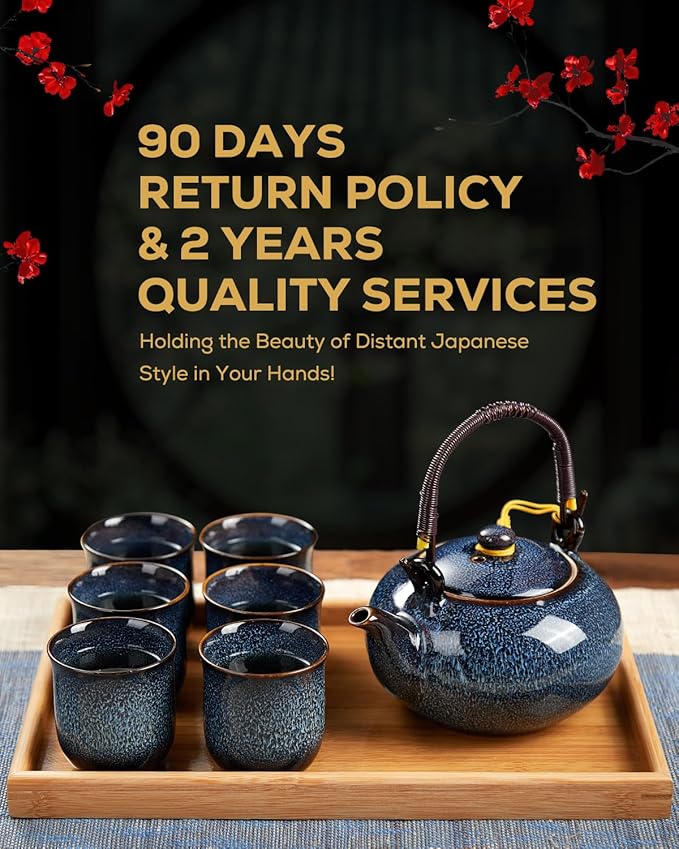DUJUST Japanese Tea Set for 6, Kiln Altered Glaze Porcelain Tea Set with 1 Teapot, 6 Tea Cups & 1 Tea Tray, Unique Chinese Tea Sets for Adults/Tea Lovers/Women/Men, Blue