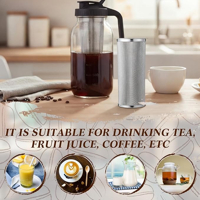 Cold Brew Coffee Filter with Brush Tea Infuser Strainer for 32 Oz/1 Quart Wide Mouth Mason Jar 304 Stainless Steel Food Grade Filter with Sealing Ring for Iced Drink Fruit Tea Coffee Maker
