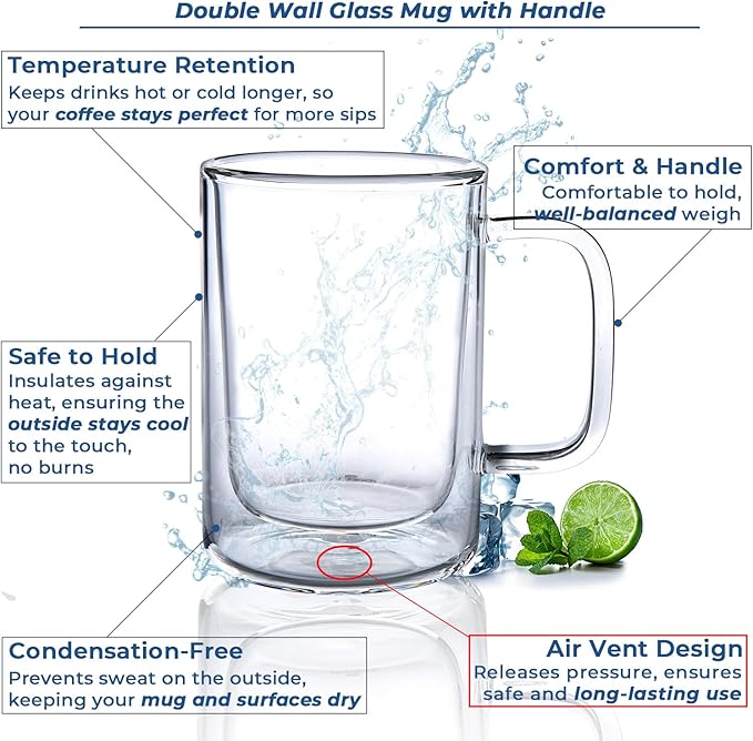 Aquach 12 oz Double Walled Glass Coffee Mugs with Handle, 2-Pack - Ideal for Latte, Cappuccino and Tea