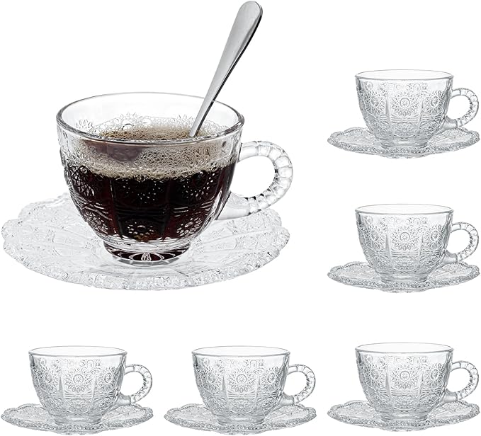 Glass Teacups and Saucers Set of 6, Vintage Coffee Mugs with Stainless Steel Spoon, Dishwasher & Microwave Safe Teacups for Espresso Cappuccino Latte Tea Juice, 7OZ/210ML, Clear