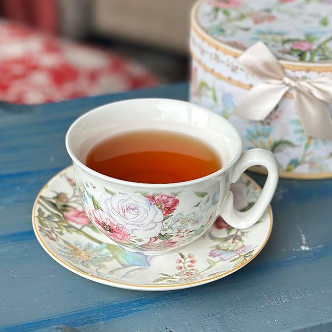 STP GOODS Bone China Tea/Coffee Cup and Saucer in Gift Box Fine Bone Tea Cup and Saucer Set of One,(Dream Garden)