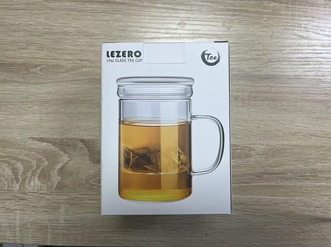 Lezero 14oz Tea Infuser Cups Kit for Loose Leaf-Tea Blooming, Glass Mug with Filter and Lid for Steeping Brewing, Heat Resistance, Lead-free, Microwave & Dishwasher Safe