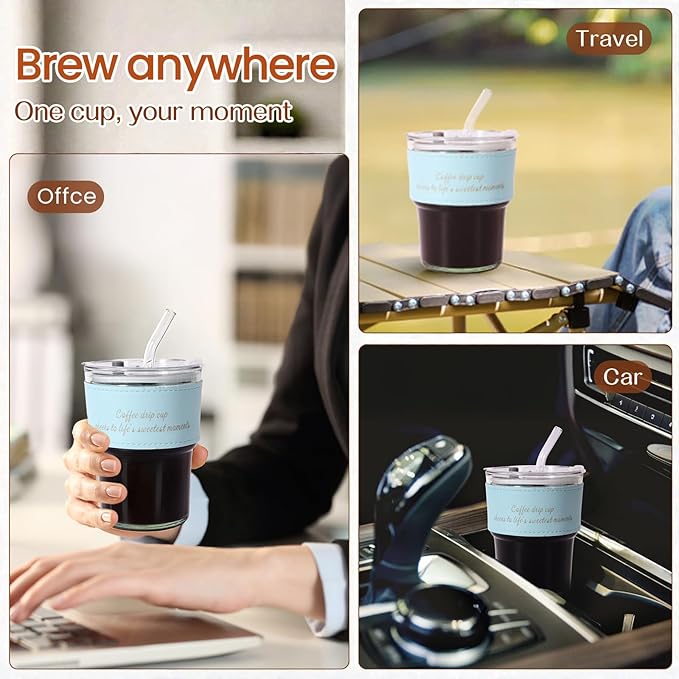 Single Serve Immersion Coffee Maker, Glass Pour Over Coffee Dripper with Reusable Stainless Steel Filter, Manual Coffee Brewer Cup for Home Office Travel-TMF