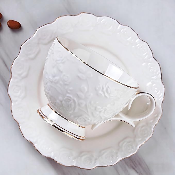 Tea Cup and Saucer Set for 1, Coffee Cup with Saucer and Spoon, Espresso Latte Cup for Women Gift, Dishwasher Safe, 6.8 Oz