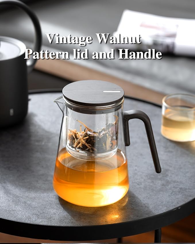 ZENS Magnetic Tea Pot, Large Enchanted Glass Teapot with Infuser and Magnetic Suction Lid for Mess-Free Loose Tea Diffusers, Black Walnut Pattern Handle, Tea Lovers Gifts