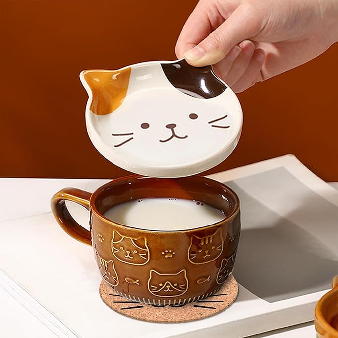 BigNoseDeer 2PCS Cute Mug Kawaii Cat Tea Cup Ceramic Coffee Mug with Lid,Tea Cups and Saucers for Dessert Cute Gifts Cat Lover Gift for Women Anime Christmas Gifts for Women 10oz (Yellow+Brown)