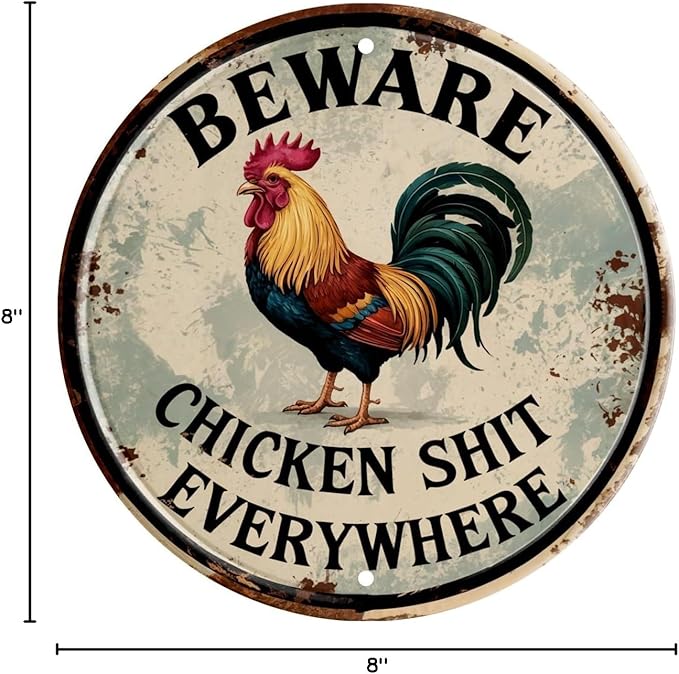 Chicken Decor Vintage Beware Chicken Shit Everywhere Rooster Wall Art Rustic Farmhouse Decor for Restaurants & Home Wall Mounted Vintage 8x8 In
