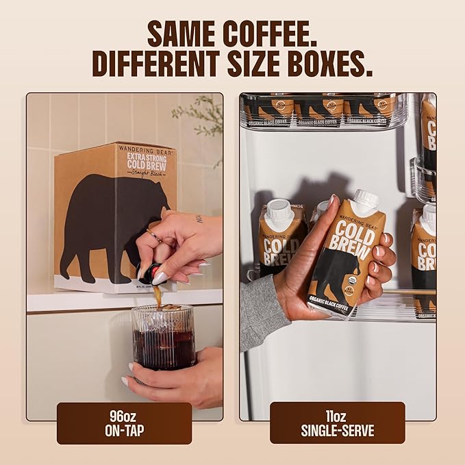 Wandering Bear Organic Unsweetened Extra Strong Cold Brew in a Box - Make Your Own Iced Coffee Drink with Wandering Bear Black Concentrate, Shelf-Stable & Vegan - 21 Servings - 32 fl.oz