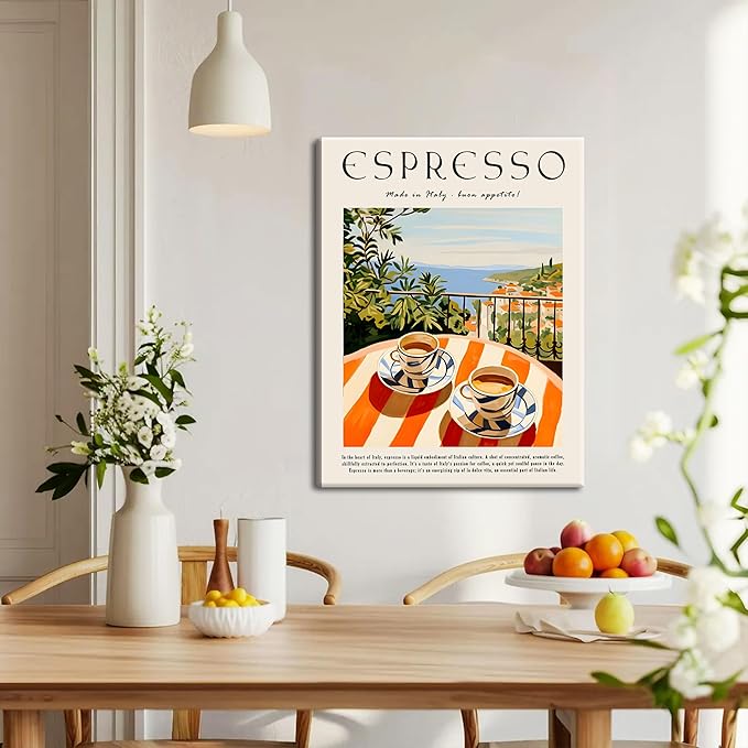 Vintage Espresso Kitchen Wall Art – Retro Italy Coffee Sign Canvas Prints – Framed Cozy Coffee Bar Wall Decor for Dining Room Kitchen Home Decoration – 12x16in